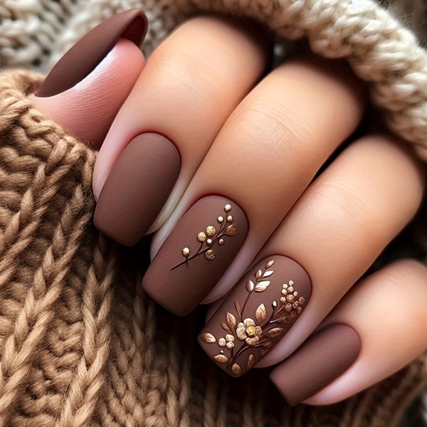 Medium Square Press On Nails - Brown & Golden French Style