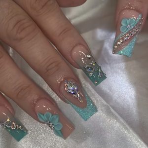 Square Nude Color, French Blue-green Mint Green Sparkling Nail Art - Image 1