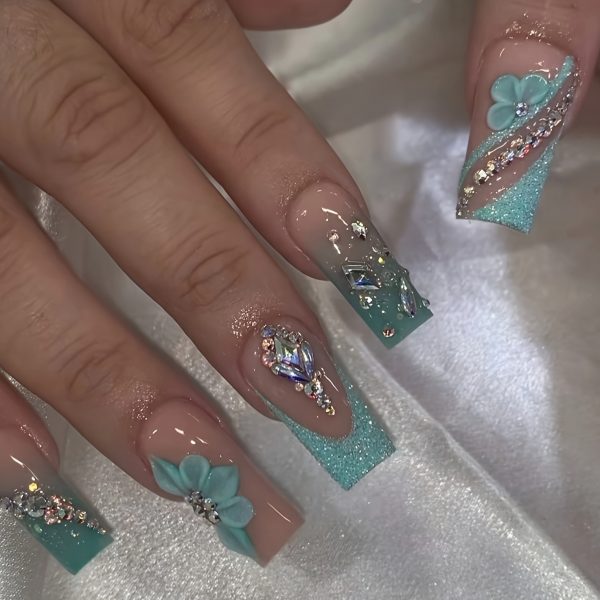 Square Nude Color, French Blue-green Mint Green Sparkling Nail Art