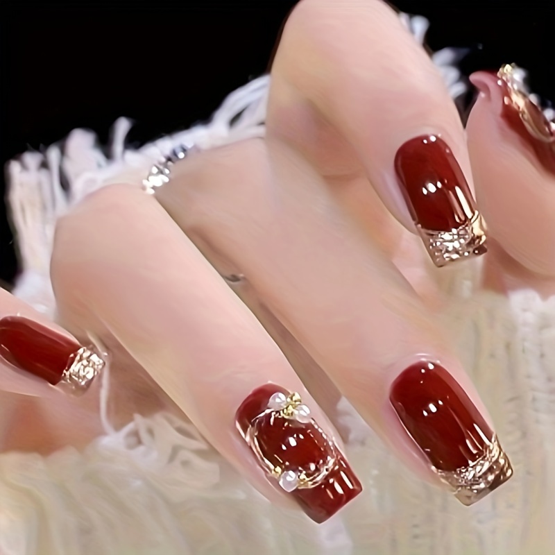Wine Red Glossy New Year Atmosphere Nails - Image 2
