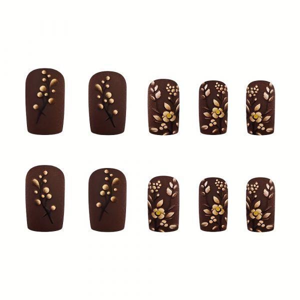 Medium Square Press On Nails - Brown & Golden French Style - Image 6