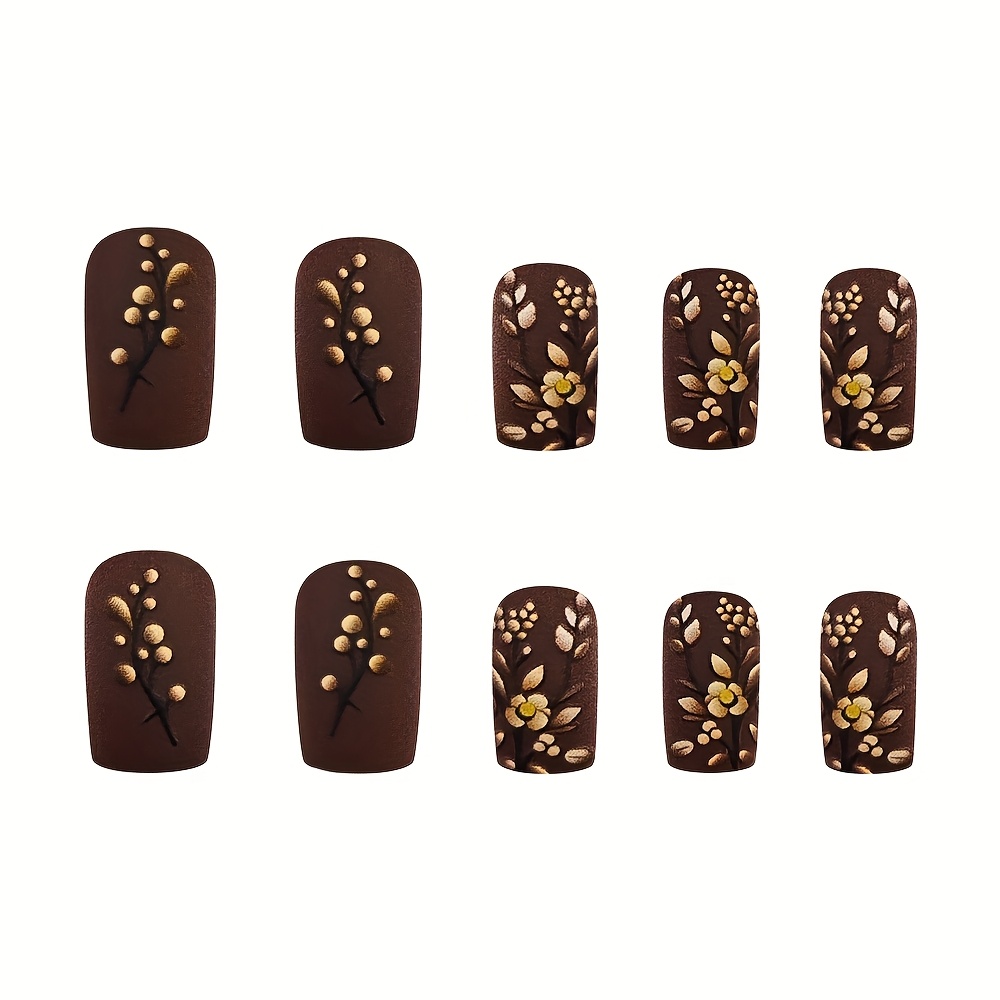 Medium Square Press On Nails - Brown & Golden French Style - Image 6