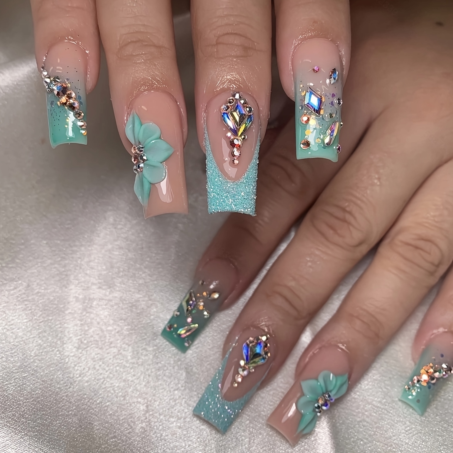 Square Nude Color, French Blue-green Mint Green Sparkling Nail Art - Image 3