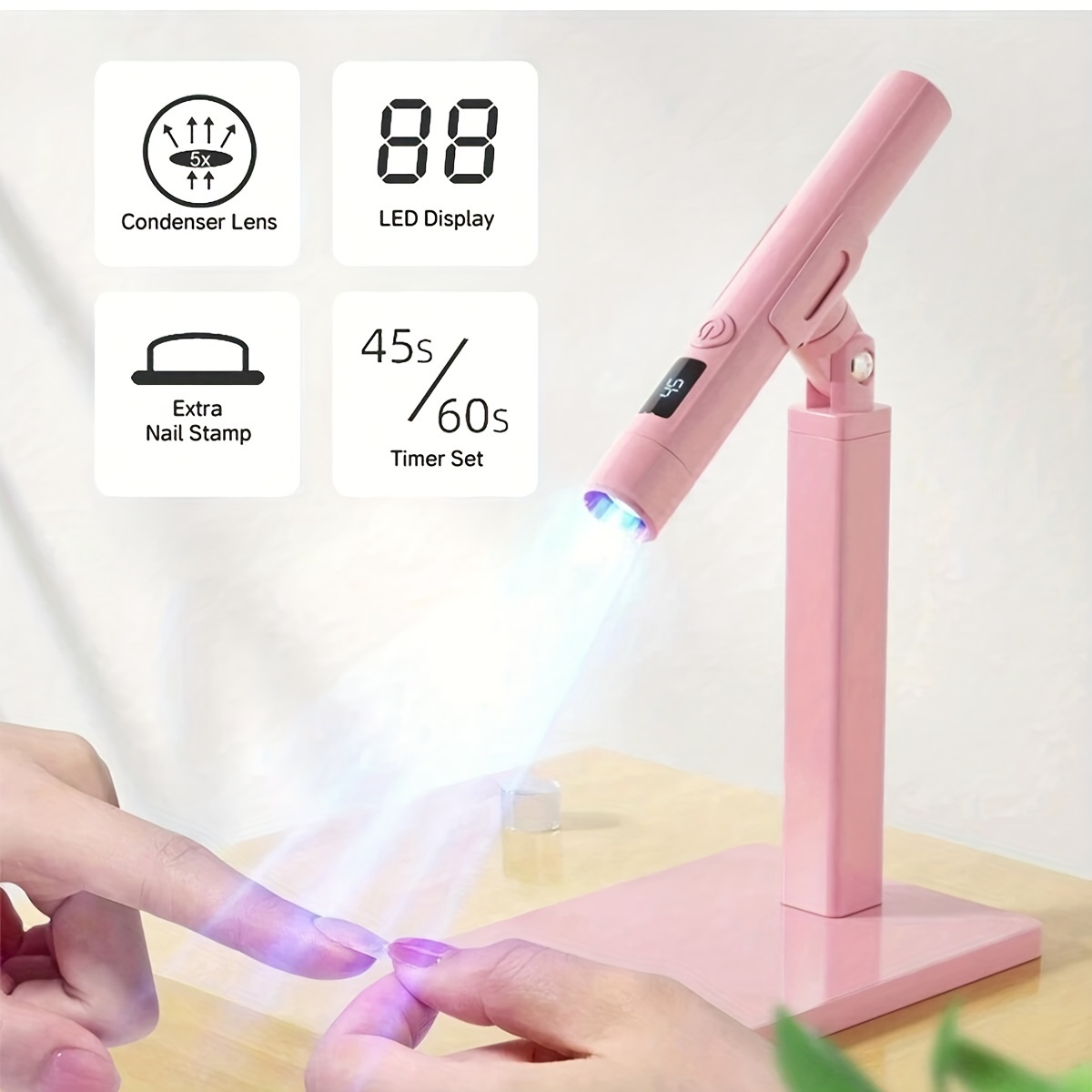 Nail Lamp 360° Rotation and Extra Nail Stamp - USB Powered - pink