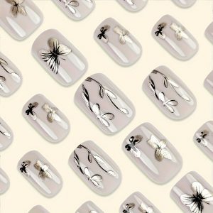 Elegant Floral & Butterfly Design Short Square Shape | Press On Nails - Image 3