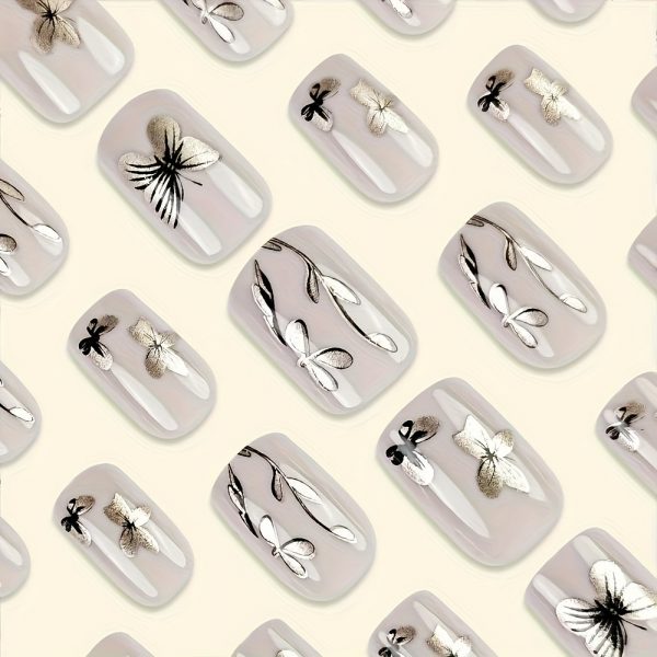 Elegant Floral & Butterfly Design Short Square Shape | Press On Nails - Image 3