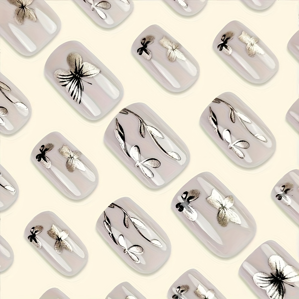 Elegant Floral & Butterfly Design Short Square Shape | Press On Nails - Image 3