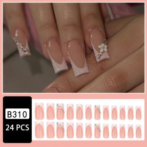 Long Square Shape Nails Glitter Pinkish French - Image 2