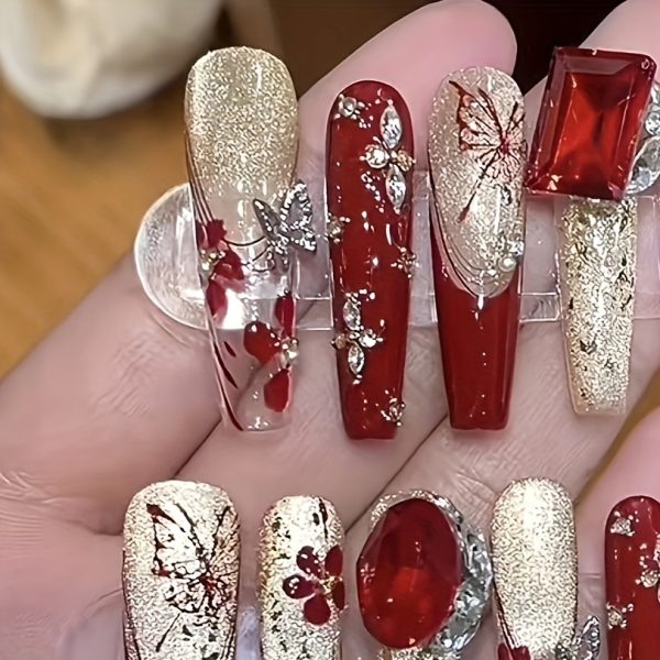 French Butterfly Rhinestone Sparkle Nail Art - Image 2