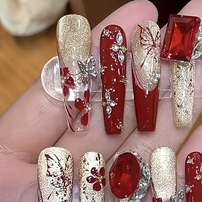 French Butterfly Rhinestone Sparkle Nail Art - Image 2