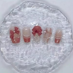 Pink Princess Gradient Butterfly Bow Square Shape Nail - Image 2