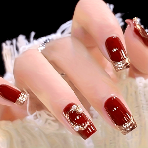 Wine Red Glossy New Year Atmosphere Nails - Image 1