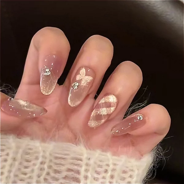 24Pcs Butterfly Designs Medium Almond Nail Tip Artificial Diamond Pearl Chain Spice Wearable Cat Eye French Full Cover Press On - Image 4