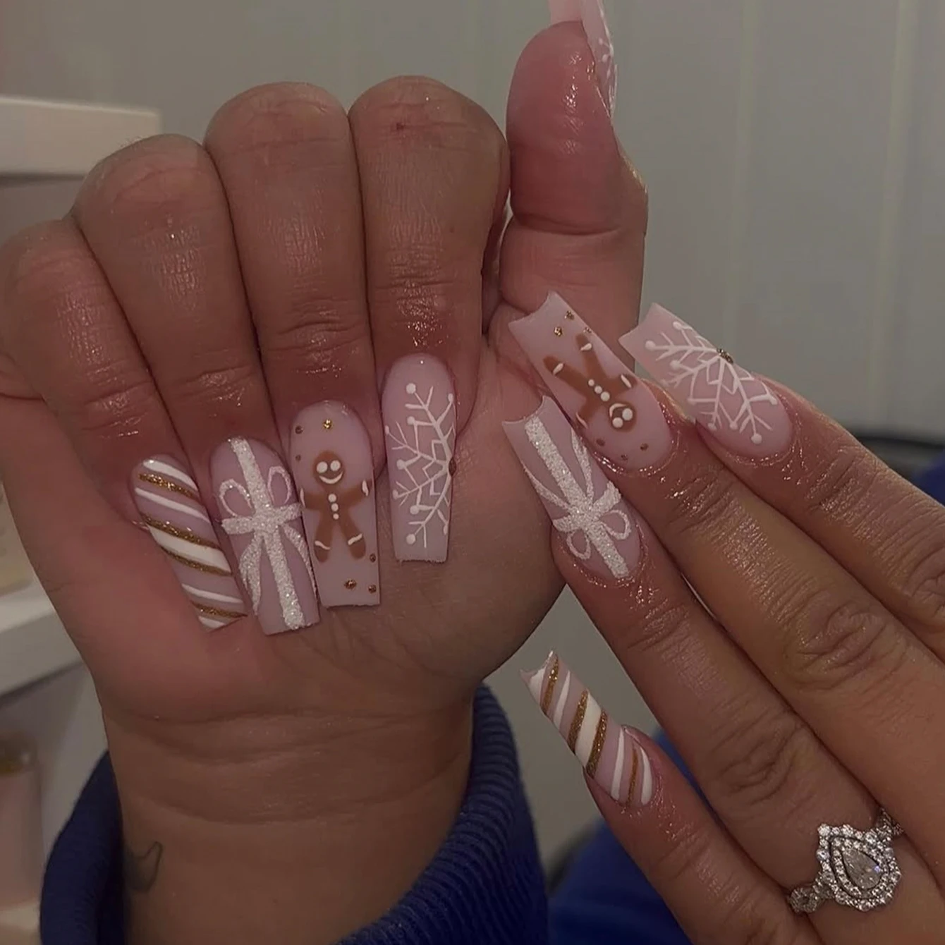 Christmas Long Square Nails, Snowflake Striped Gingerbread - Image 1