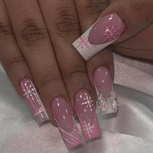 Long Square Nails French Pink And White Snowflakes Bowknot Glitter