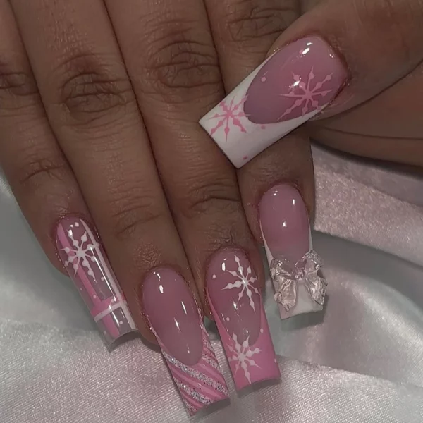 Long Square Nails French Pink And White Snowflakes Bowknot Glitter