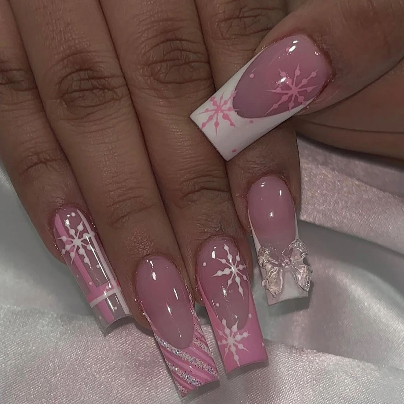 Long Square Nails French Pink And White Snowflakes Bowknot Glitter - Image 1