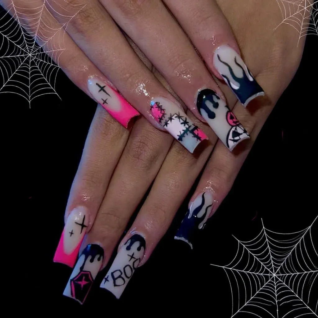 Sweet Cool Halloween Nails Pink Medium Coffin French - Image 12