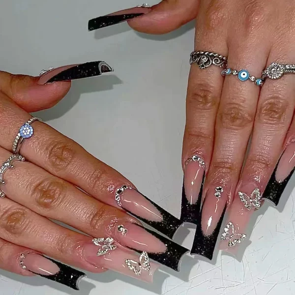 Black French Nails Diamonds Bow Design - Image 5