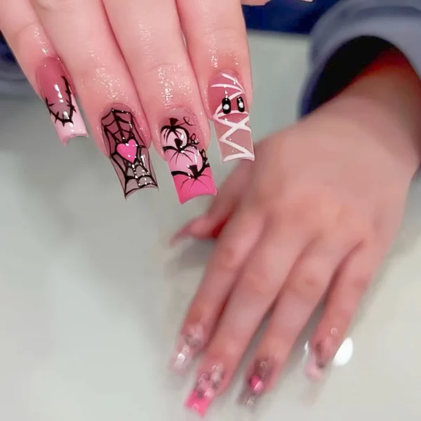 Sweet Cool Halloween Nails Pink Medium Coffin French - Image 2