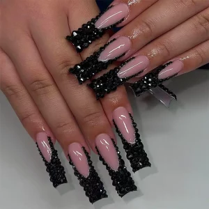 Black French Nails Diamonds Bow Design - Image 27