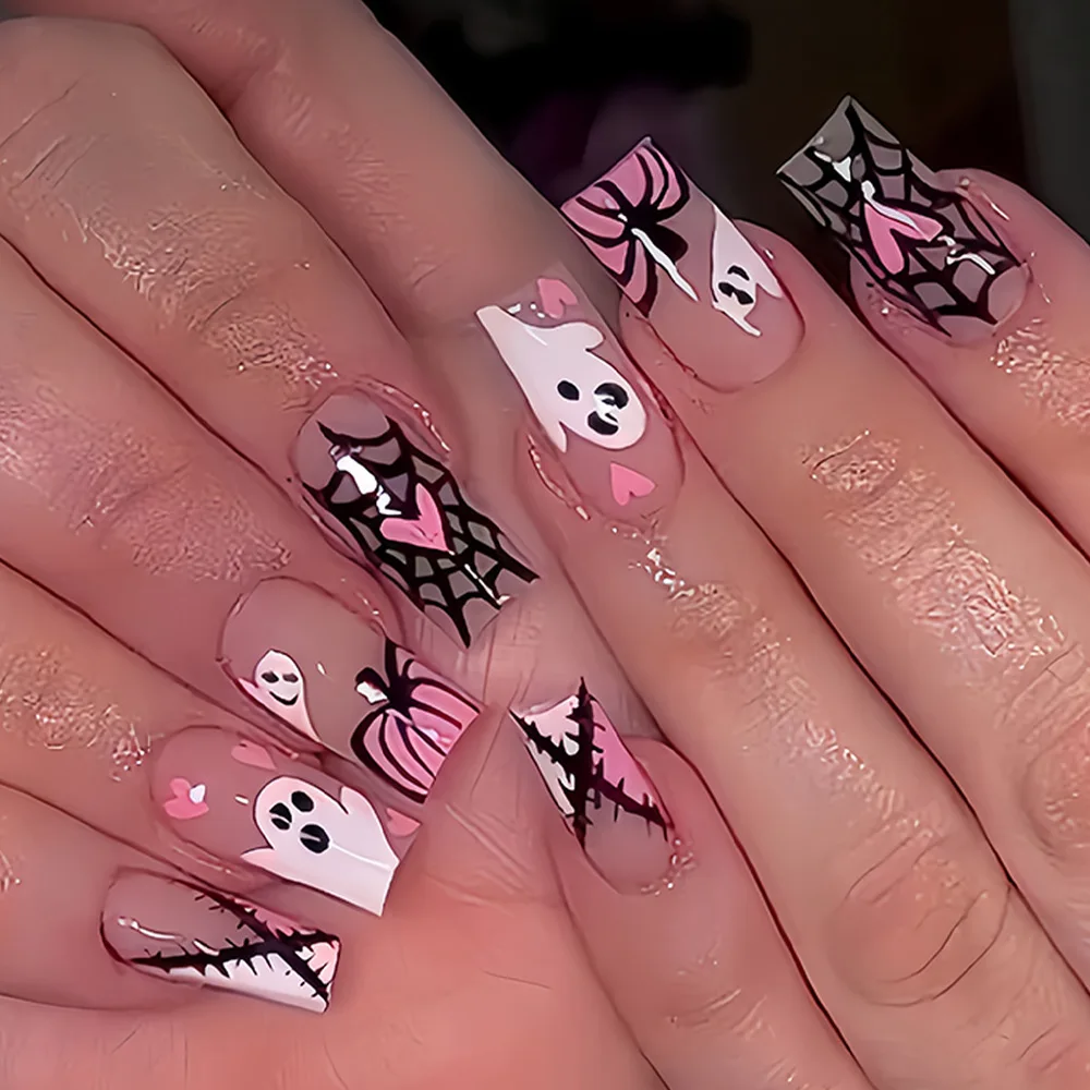 Sweet Cool Halloween Nails Pink Medium Coffin French - Image 9
