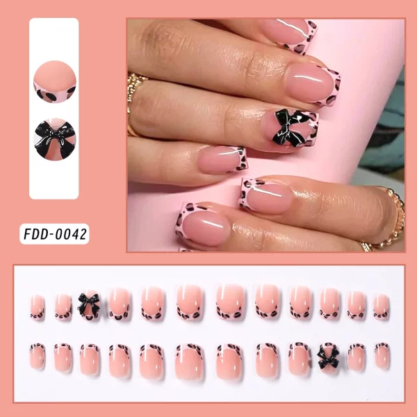 Pink Leopard French Tips Nails Short Square Head 3D Black Bowknot - Image 17