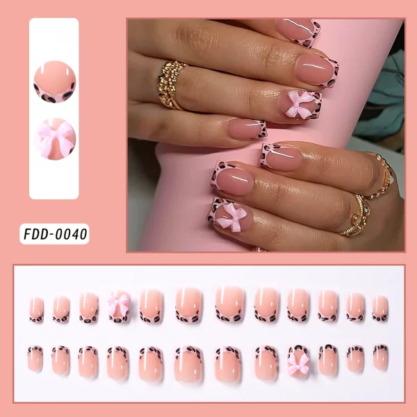 Pink Leopard French Tips Nails Short Square Head 3D Black Bowknot - Image 14
