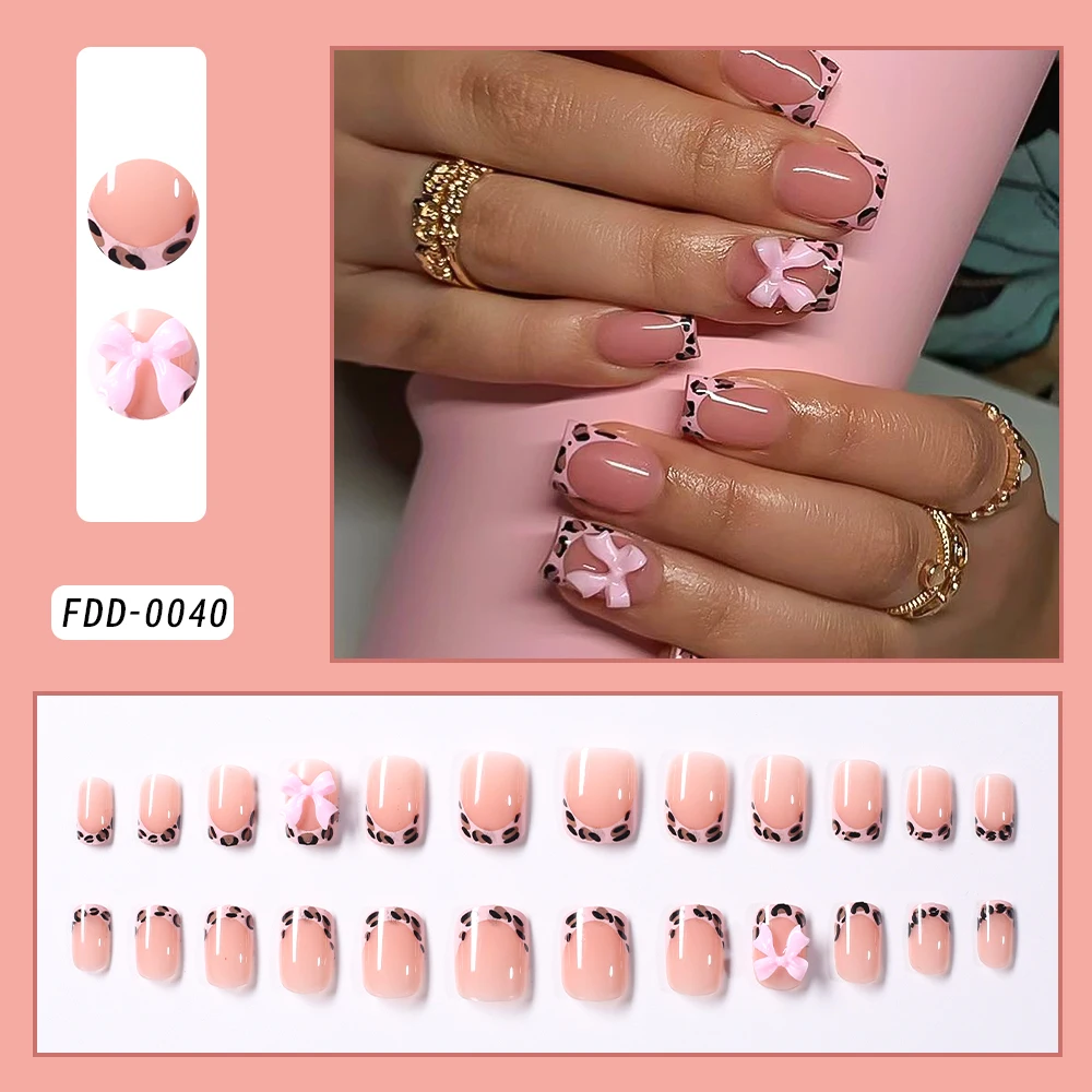 Pink Leopard French Tips Nails Short Square Head 3D Black Bowknot - Image 14