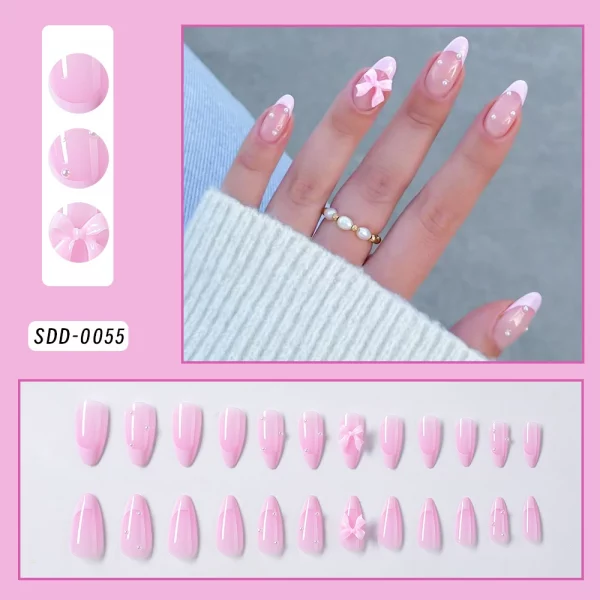 Pink Leopard French Tips Nails Short Square Head 3D Black Bowknot - Image 12