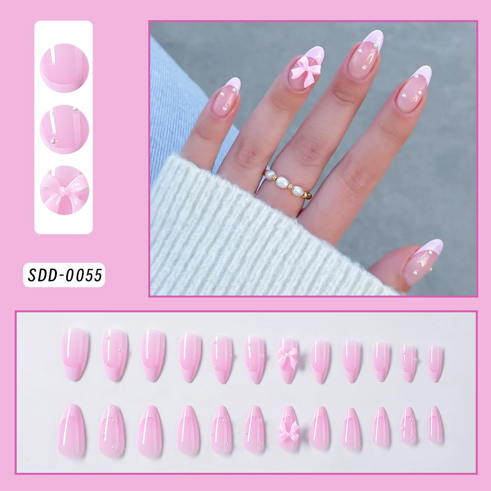 Pink Leopard French Tips Nails Short Square Head 3D Black Bowknot - Image 12