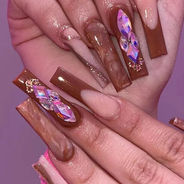 Black French Nails Diamonds Bow Design - Image 26