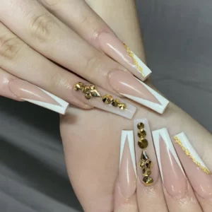 Black French Nails Diamonds Bow Design - Image 18