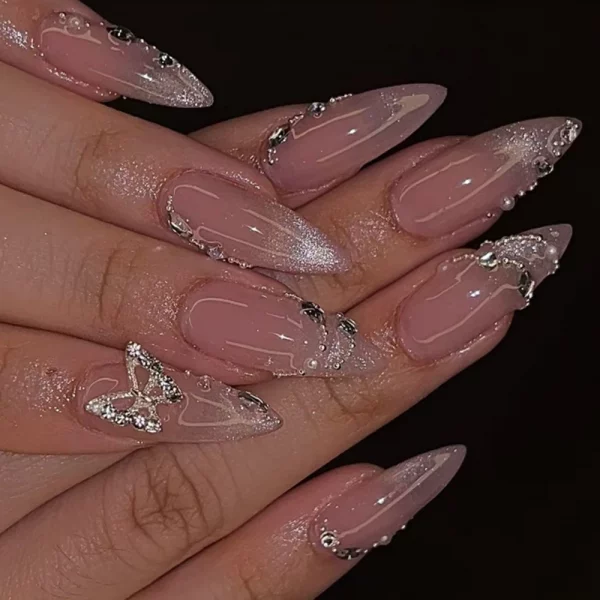 24Pcs Butterfly Designs Medium Almond Nail Tip Artificial Diamond Pearl Chain Spice Wearable Cat Eye French Full Cover Press On