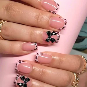 Pink Leopard French Tips Nails Short Square Head 3D Black Bowknot - Image 1