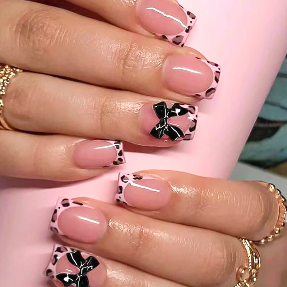 Pink Leopard French Tips Nails Short Square Head 3D Black Bowknot - Image 1