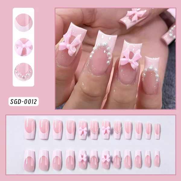 Pink Leopard French Tips Nails Short Square Head 3D Black Bowknot - Image 13