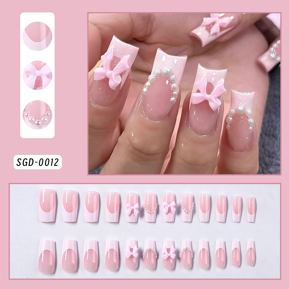 Pink Leopard French Tips Nails Short Square Head 3D Black Bowknot - Image 13