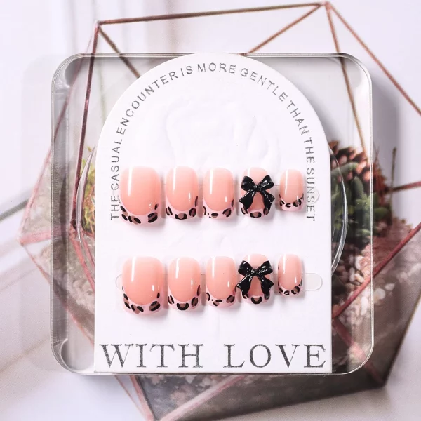 Pink Leopard French Tips Nails Short Square Head 3D Black Bowknot - Image 3