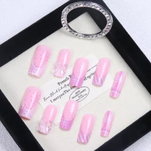 Long Square Nails French Pink And White Snowflakes Bowknot Glitter - Image 2