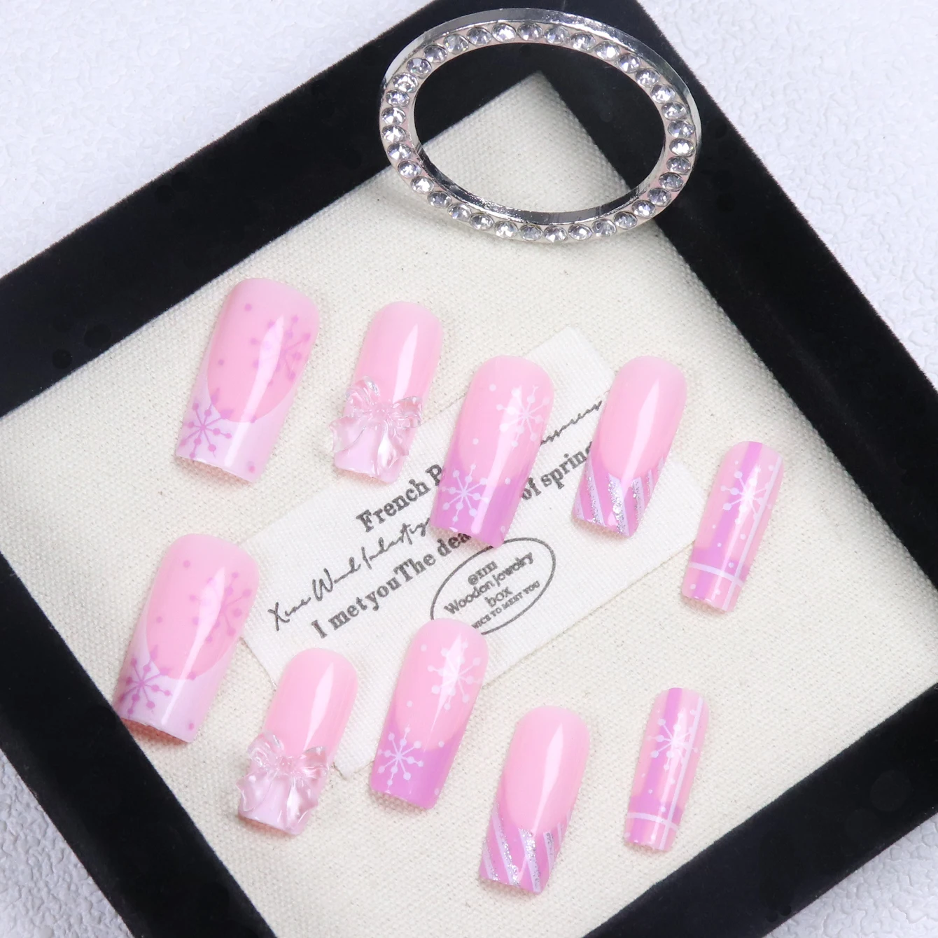 Long Square Nails French Pink And White Snowflakes Bowknot Glitter - Image 2