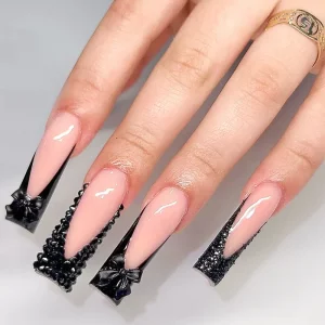 Black French Nails Diamonds Bow Design - Image 3