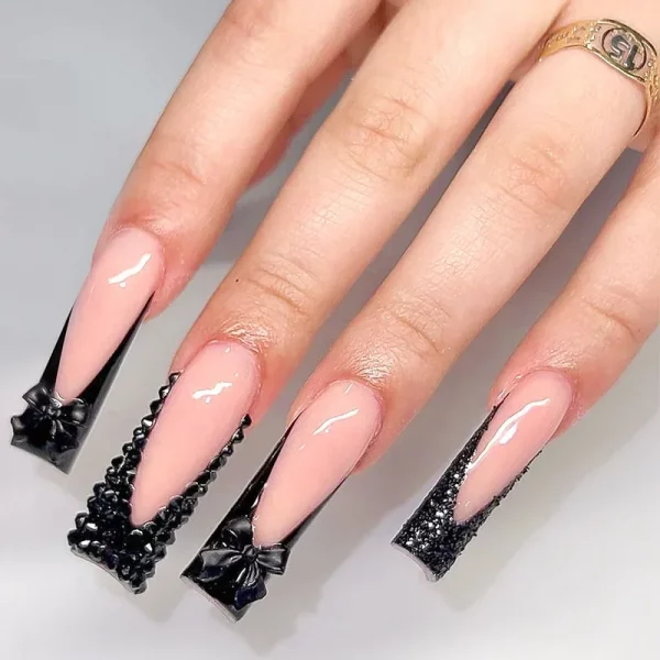 Black French Nails Diamonds Bow Design - Image 3