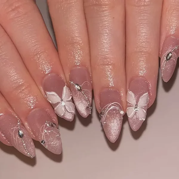 24Pcs Butterfly Designs Medium Almond Nail Tip Artificial Diamond Pearl Chain Spice Wearable Cat Eye French Full Cover Press On - Image 2