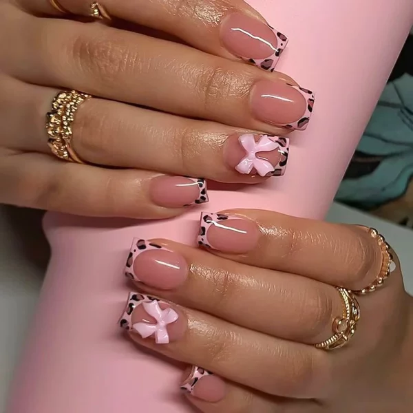 Pink Leopard French Tips Nails Short Square Head 3D Black Bowknot - Image 5