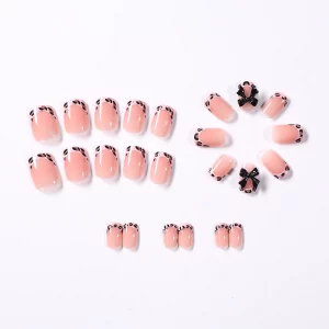 Pink Leopard French Tips Nails Short Square Head 3D Black Bowknot - Image 4