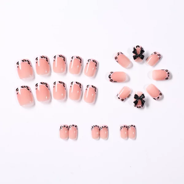 Pink Leopard French Tips Nails Short Square Head 3D Black Bowknot - Image 4