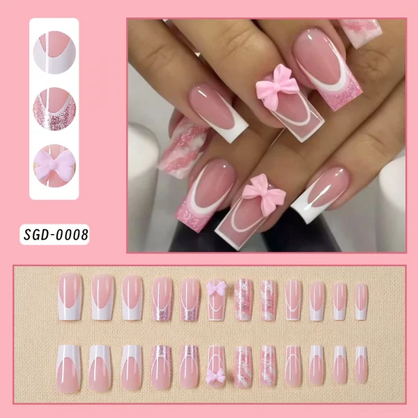 Pink Leopard French Tips Nails Short Square Head 3D Black Bowknot - Image 15
