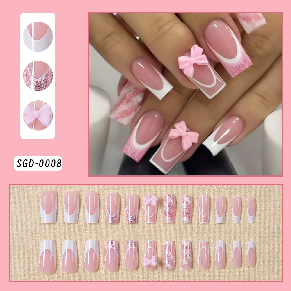 Pink Leopard French Tips Nails Short Square Head 3D Black Bowknot - Image 15