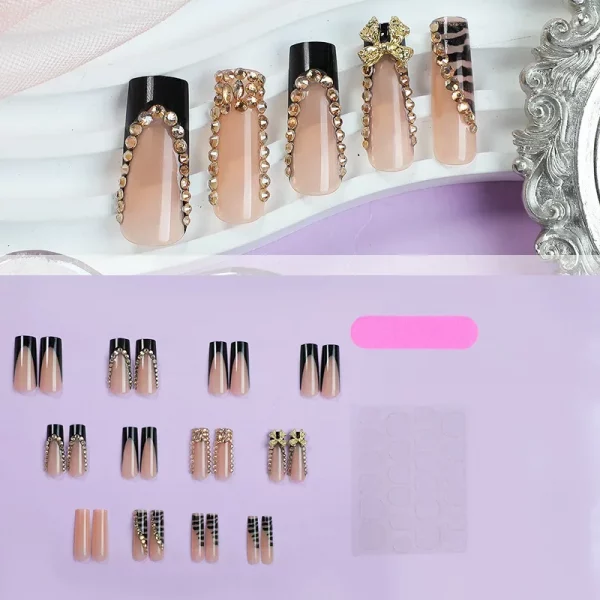 Black French Nails Diamonds Bow Design - Image 2